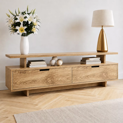 Natural Solid Wood TV Stand with Two Drawers Open Shelf Modern Style - Livewoodcraft - 9