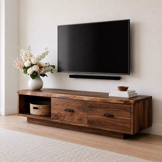 Natural Solid Wood TV Stand with Two Drawers Open Shelf Scandinavian - Echotimber