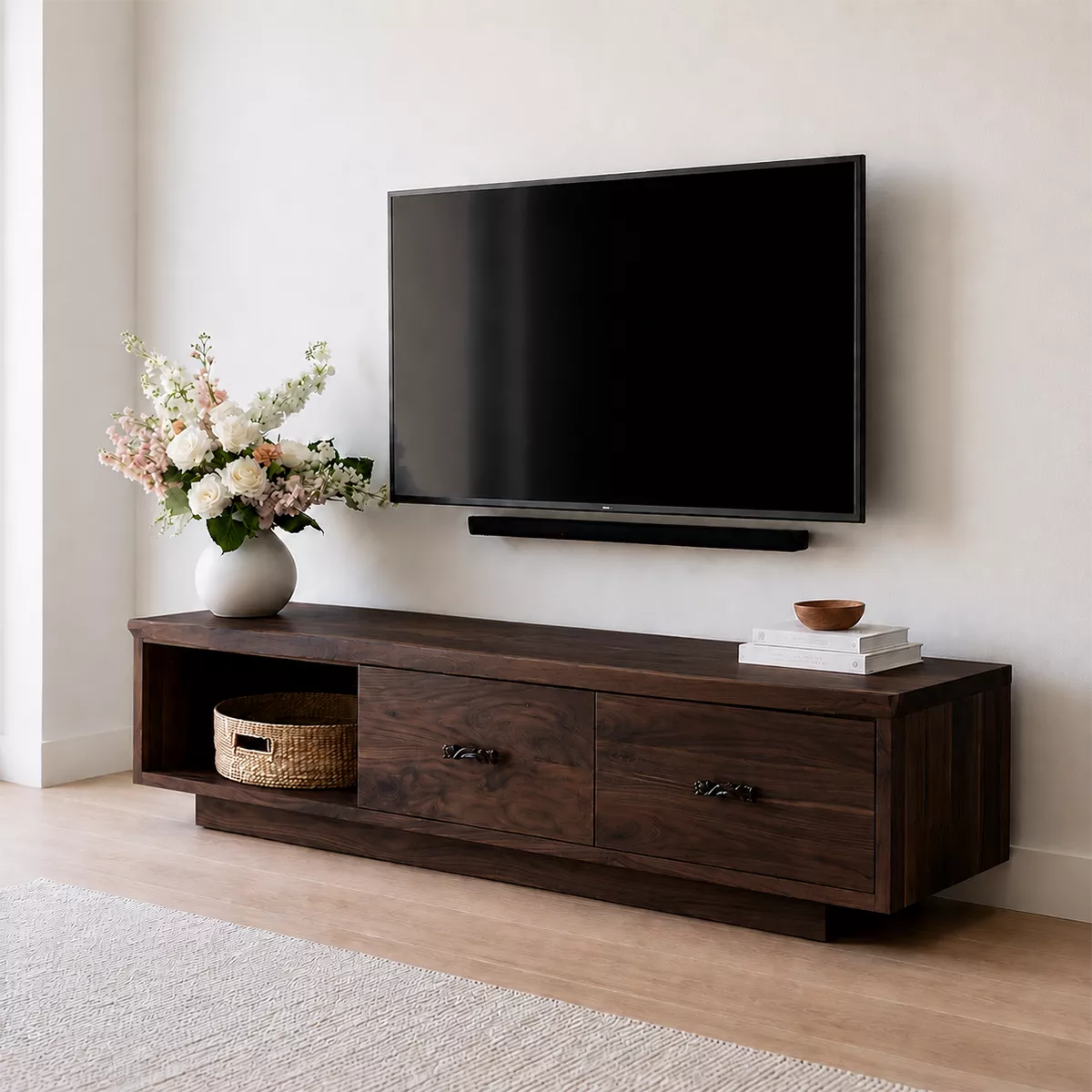 Natural Solid Wood TV Stand with Two Drawers Open Shelf Scandinavian - Livewoodcraft - 10