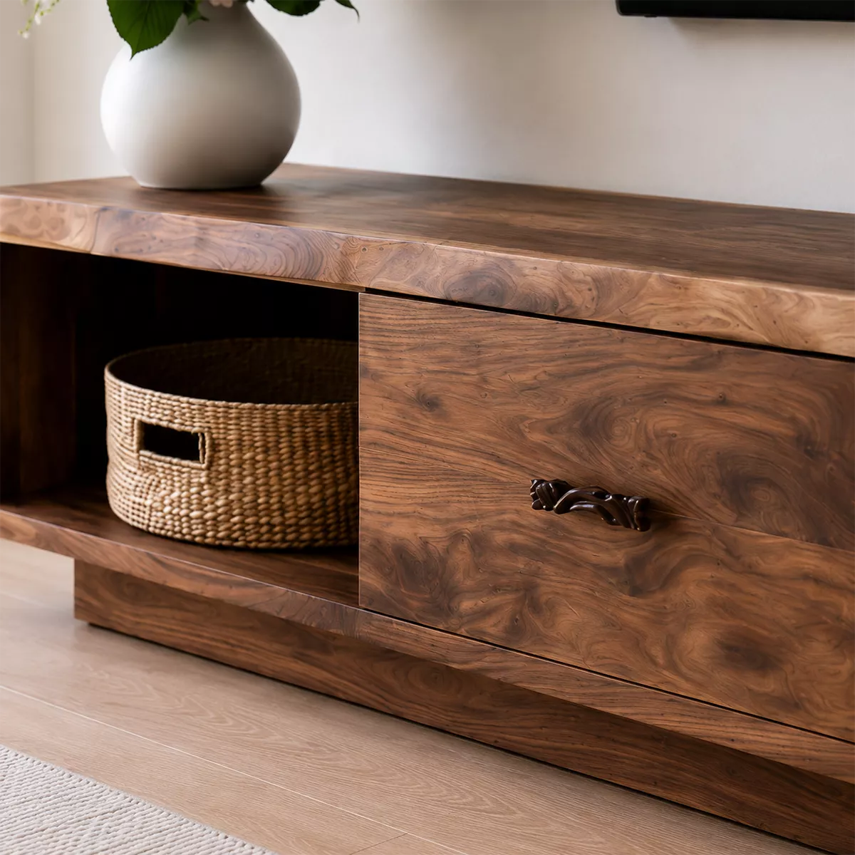 Natural Solid Wood TV Stand with Two Drawers Open Shelf Scandinavian - Livewoodcraft - 2