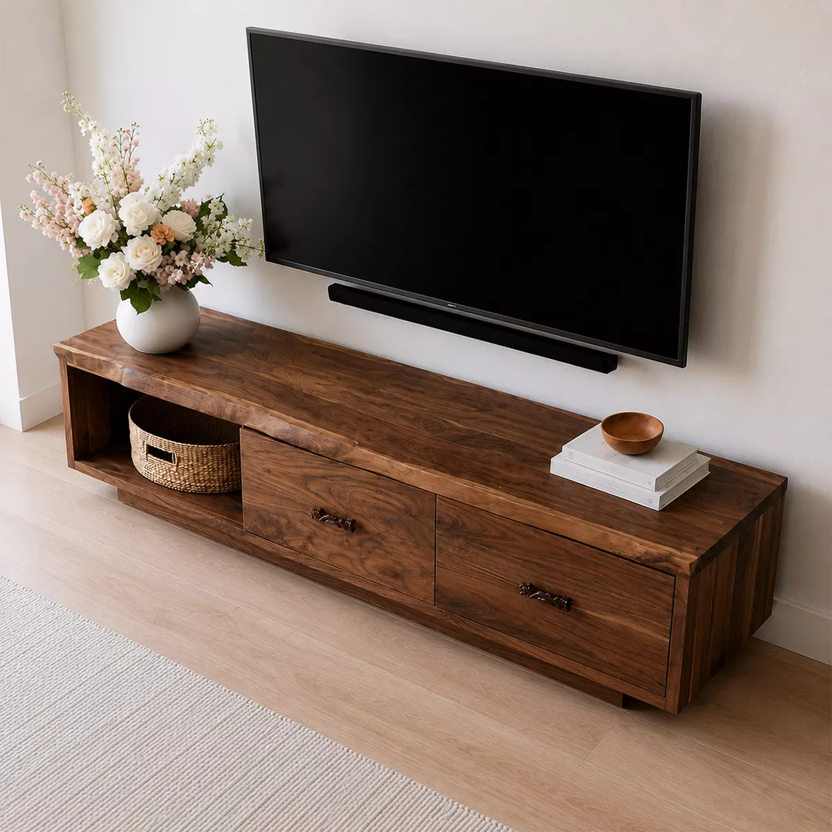 Natural Solid Wood TV Stand with Two Drawers Open Shelf Scandinavian - Livewoodcraft - 3