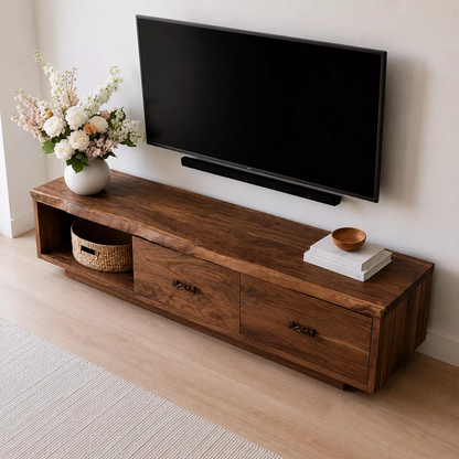 Natural Solid Wood TV Stand with Two Drawers Open Shelf Scandinavian - Livewoodcraft - 3