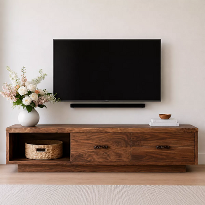 Natural Solid Wood TV Stand with Two Drawers Open Shelf Scandinavian - Livewoodcraft - 4