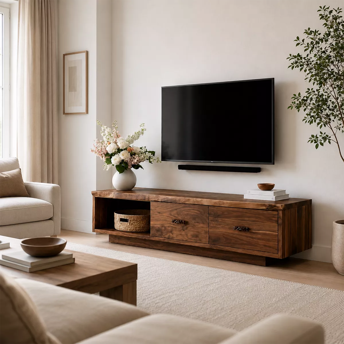 Natural Solid Wood TV Stand with Two Drawers Open Shelf Scandinavian - Livewoodcraft - 5