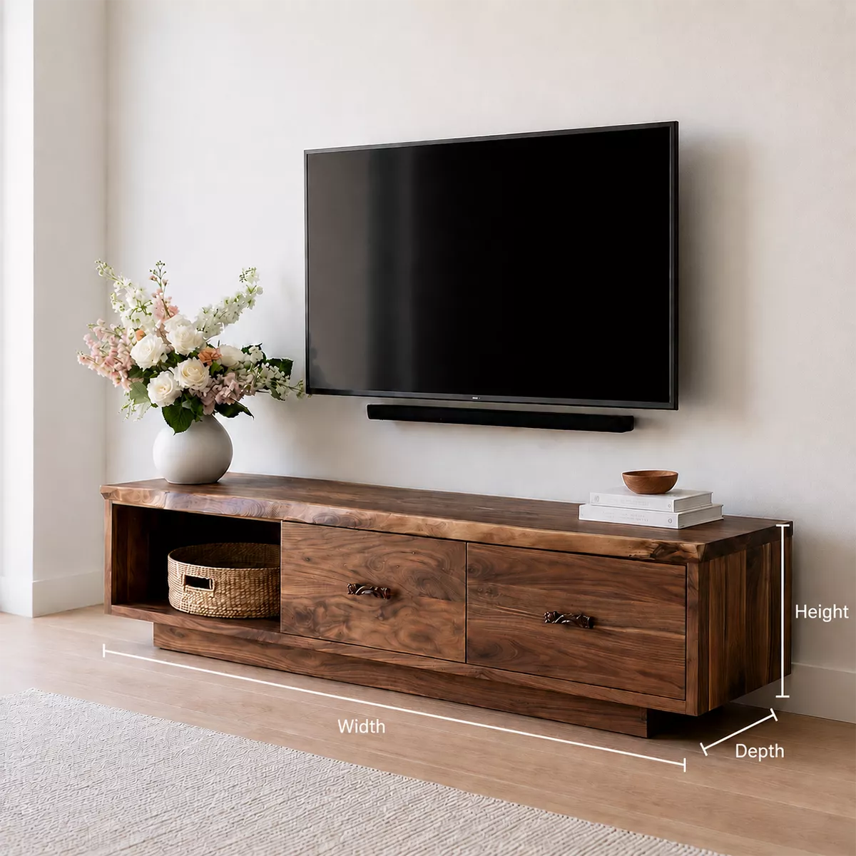 Natural Solid Wood TV Stand with Two Drawers Open Shelf Scandinavian - Livewoodcraft - 6