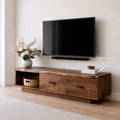 Natural Solid Wood TV Stand with Two Drawers Open Shelf Scandinavian - Livewoodcraft - 7