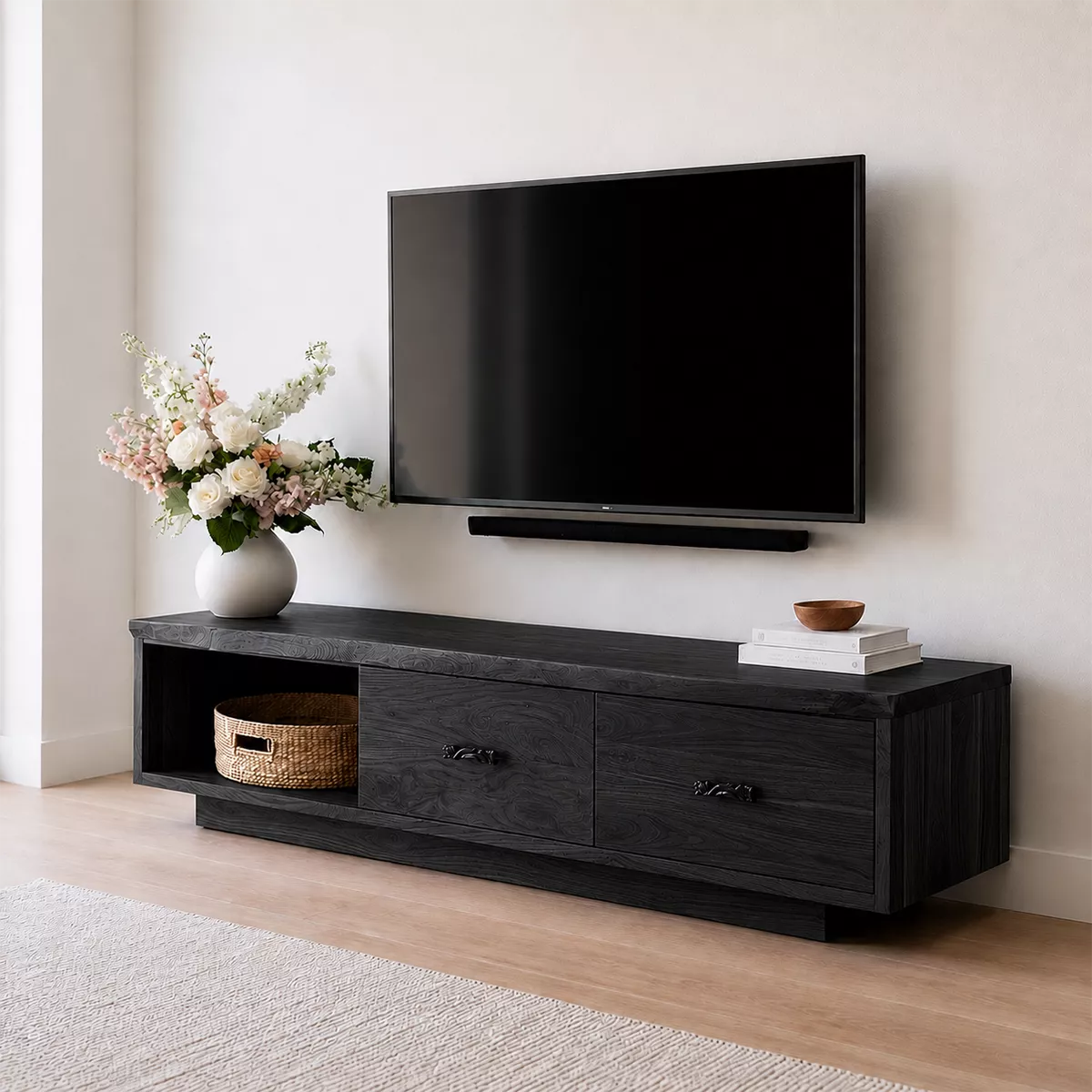 Natural Solid Wood TV Stand with Two Drawers Open Shelf Scandinavian - Livewoodcraft - 8