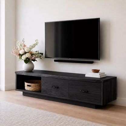 Natural Solid Wood TV Stand with Two Drawers Open Shelf Scandinavian - Livewoodcraft - 8