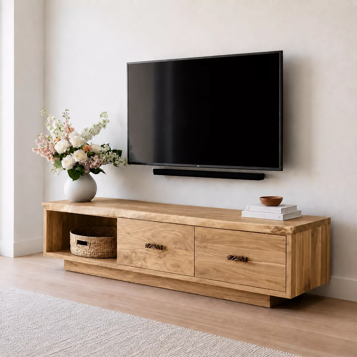 Natural Solid Wood TV Stand with Two Drawers Open Shelf Scandinavian - Livewoodcraft - 9