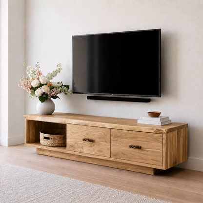 Natural Solid Wood TV Stand with Two Drawers Open Shelf Scandinavian - Livewoodcraft - 9