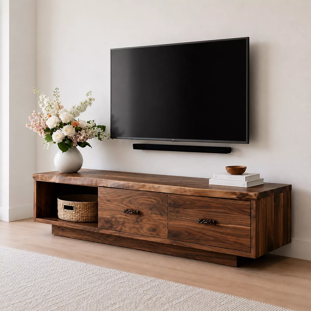Natural Solid Wood TV Stand with Two Drawers Open Shelf Scandinavian - Livewoodcraft