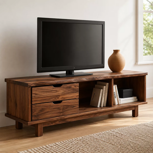Natural Solid Wood TV Stand with Two Drawers Open Storage Minimalist - Echotimber