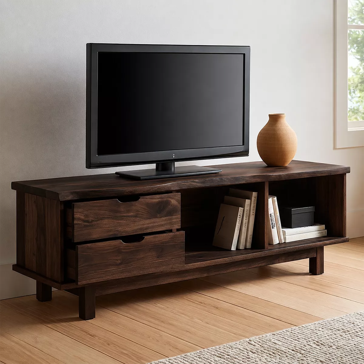 Natural Solid Wood TV Stand with Two Drawers Open Storage Minimalist - Livewoodcraft - 10