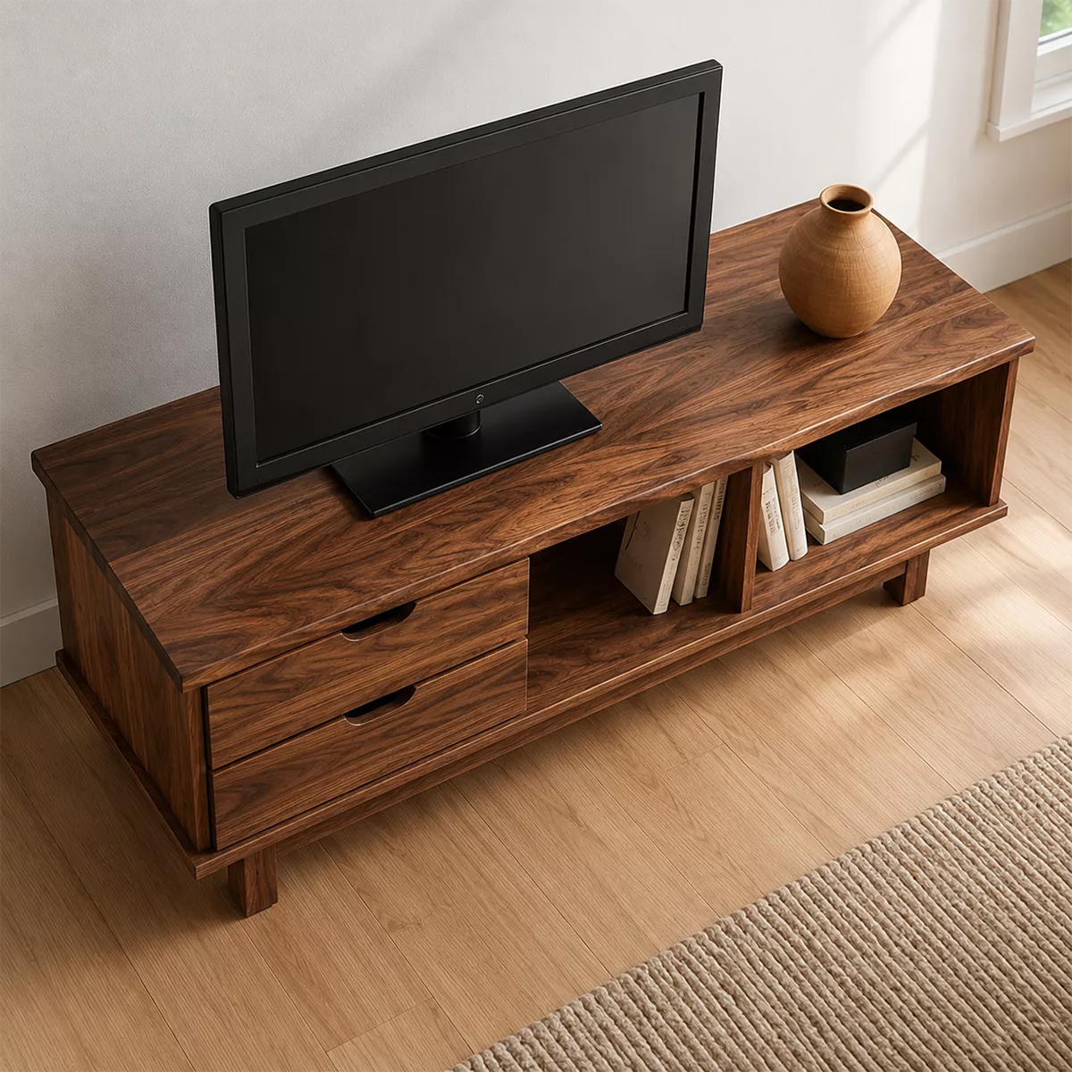Natural Solid Wood TV Stand with Two Drawers Open Storage Minimalist - Livewoodcraft - 3
