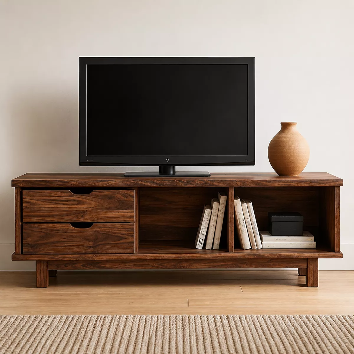 Natural Solid Wood TV Stand with Two Drawers Open Storage Minimalist - Livewoodcraft - 4