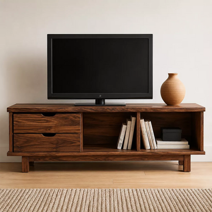Natural Solid Wood TV Stand with Two Drawers Open Storage Minimalist - Livewoodcraft - 4