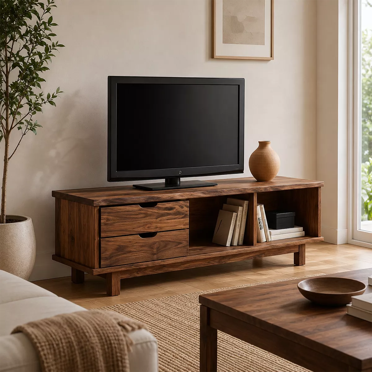 Natural Solid Wood TV Stand with Two Drawers Open Storage Minimalist - Livewoodcraft - 5