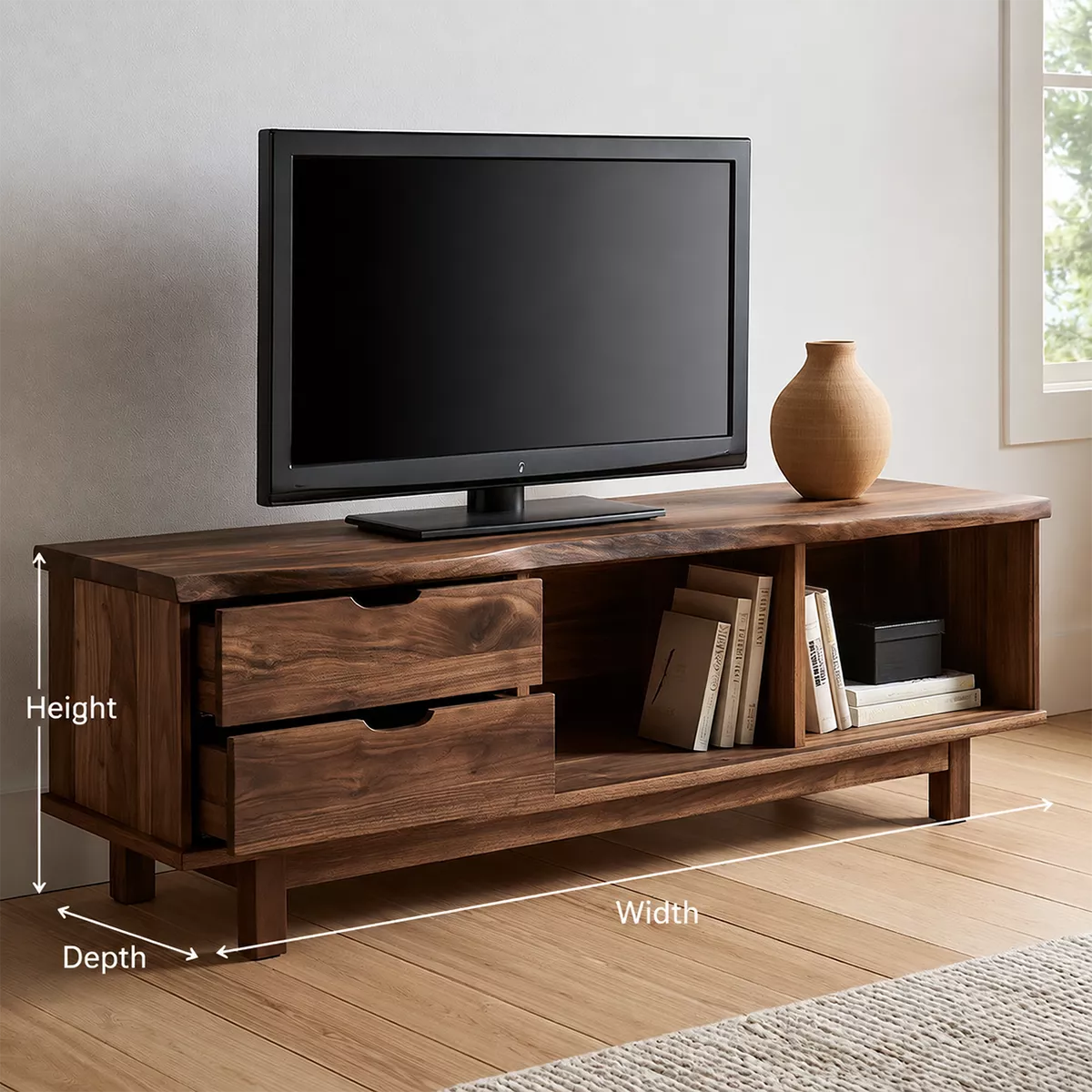 Natural Solid Wood TV Stand with Two Drawers Open Storage Minimalist - Livewoodcraft - 6
