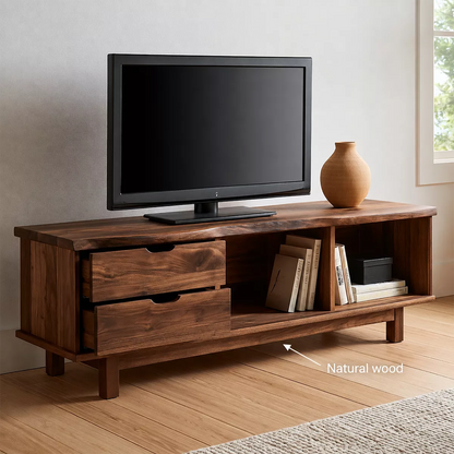 Natural Solid Wood TV Stand with Two Drawers Open Storage Minimalist - Livewoodcraft - 7