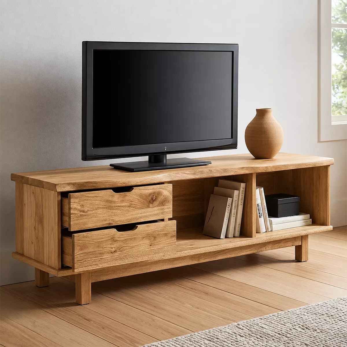Natural Solid Wood TV Stand with Two Drawers Open Storage Minimalist - Livewoodcraft - 9