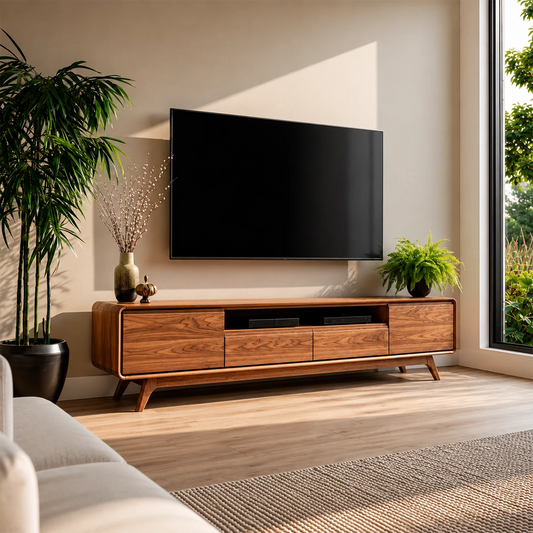Natural Solid Wood TV Stand with Two Drawers, Side Cabinets and Open Shelf - Echotimber