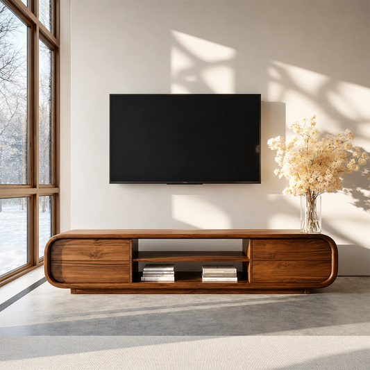 Natural Solid Wood TV Stand with Two Side Cabinets and Central Open Shelf - Echotimber