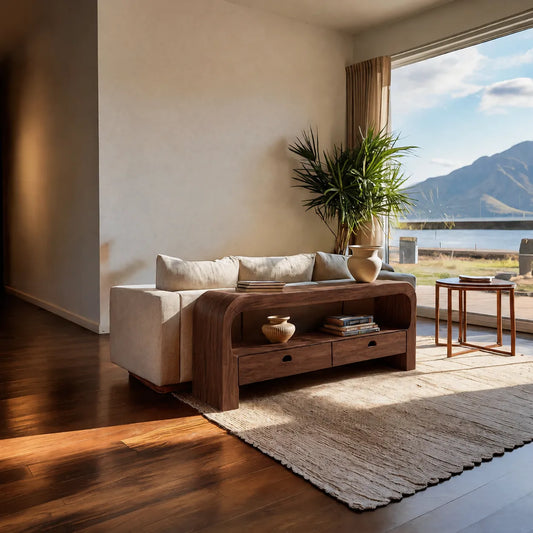 Natural Solid Wood Waterfall Sofa Console Table with Storage Drawers - Echotimber