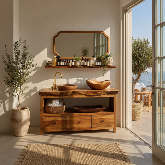 Natural Wood Bathroom Vanity With Double Vessel Sinks & Open Storage - Echotimber