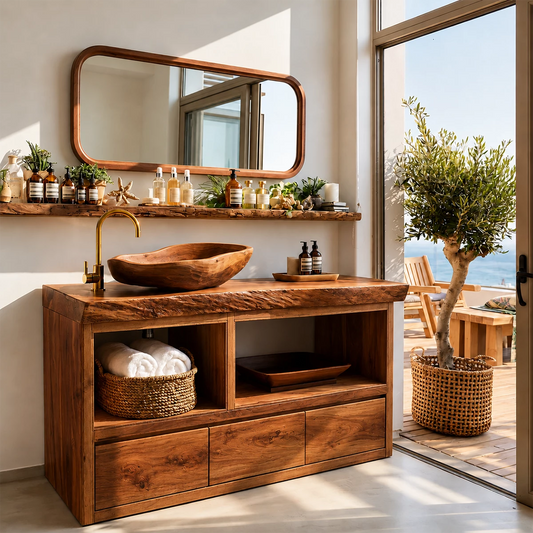 Natural Wood Bathroom Vanity With Live Edge Countertop & Open Storage - Echotimber