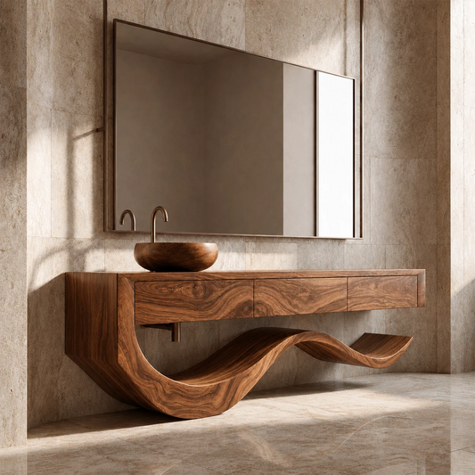 Organic Bathroom Vanity With Sculptural Wave Solid Wood Base - Echotimber