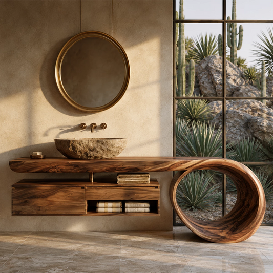 Organic Floating Bathroom Vanity With Live Edge Wood Top & Sculptural Loop Base - Echotimber