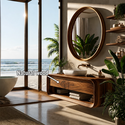 Organic Floating Bathroom Vanity With Rounded Wood Frame & Open Storage - Livewoodcraft - 10