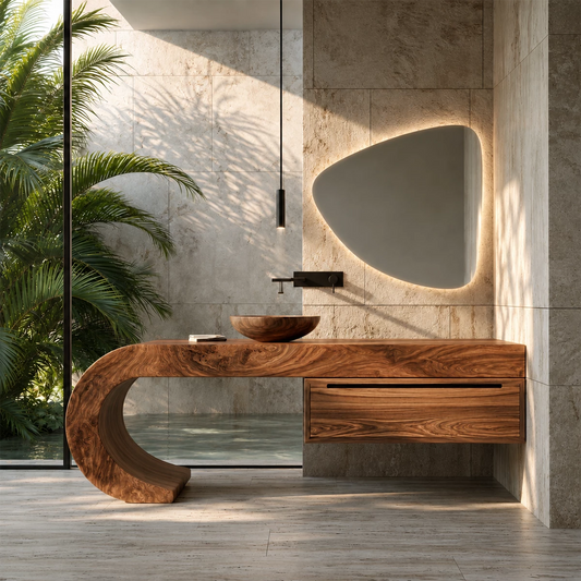 Organic Floating Bathroom Vanity With Sculptural Curved Wood Base - Echotimber