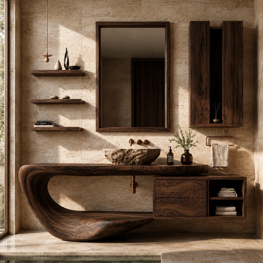 Organic Floating Bathroom Vanity With Sculptural Curved Wood Base & Wall Storage - Echotimber