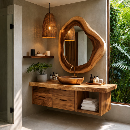 Organic Floating Bathroom Vanity With Sculptural Wood Mirror & Open Storage - Echotimber