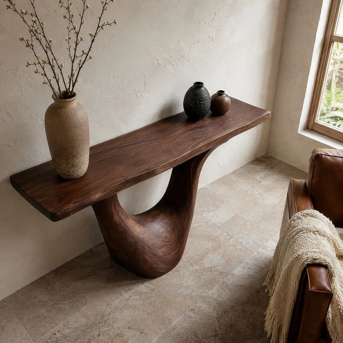 Organic Natural Solid Wood Console Table with Sculptural Open Base - Livewoodcraft - 8