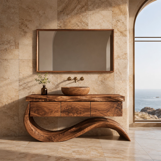Organic Solid Wood Bathroom Vanity With Wave Sculptural Base - Echotimber