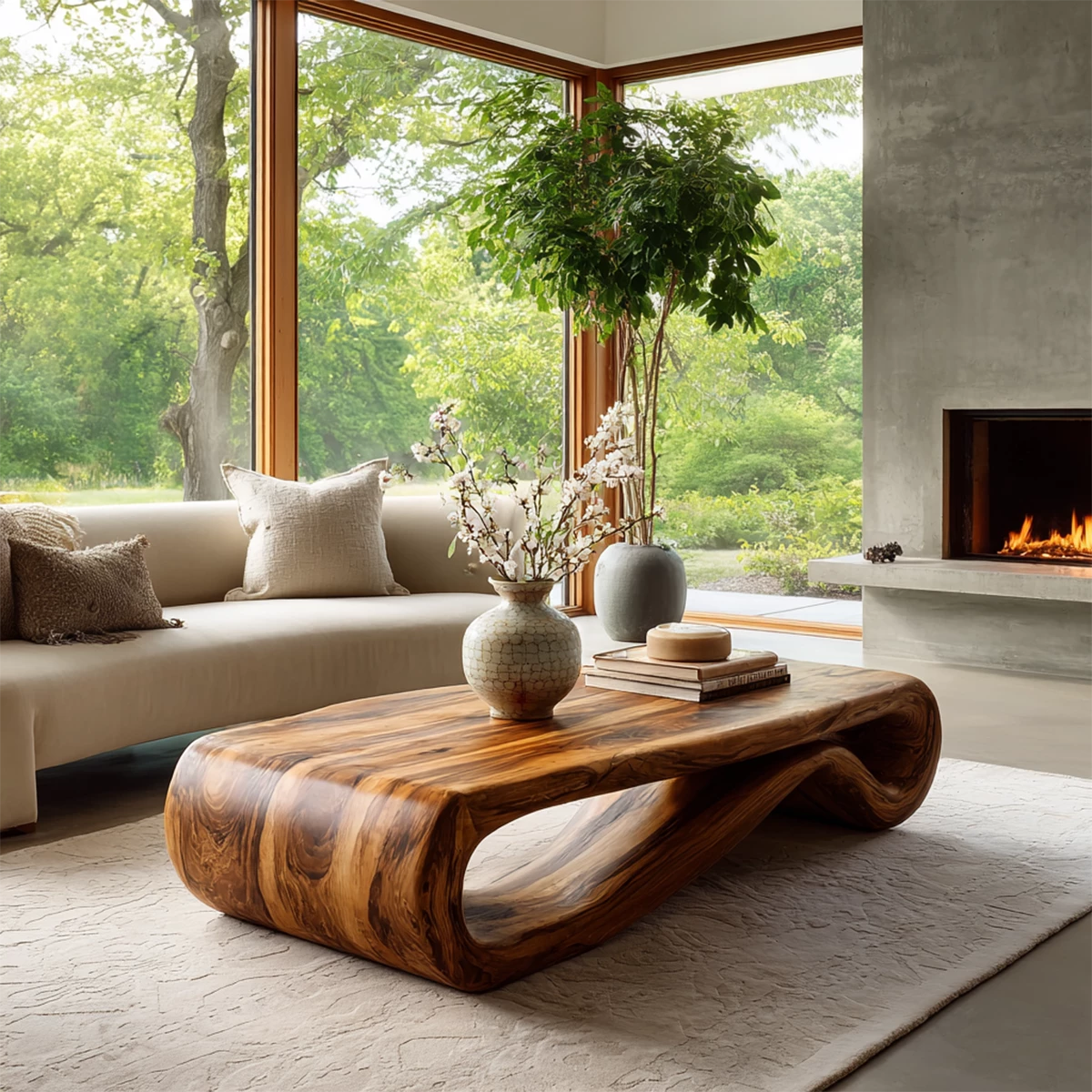 Organic Solid Wood Coffee Table With Curved Waterfall Base And Natural Wood Grain For Modern Living Room - Livewoodcraft - 5
