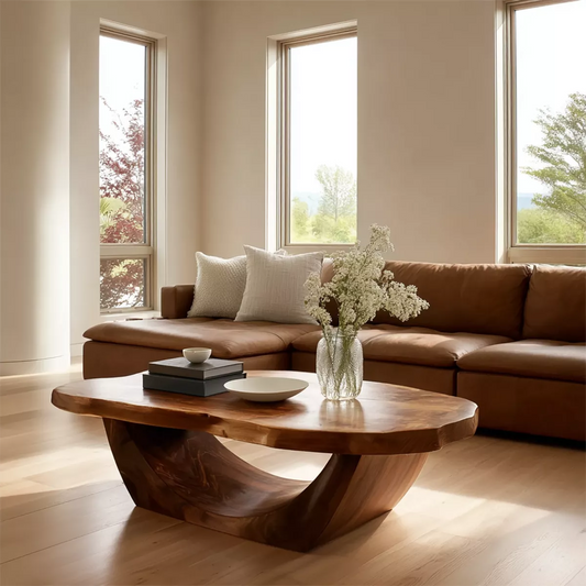 Organic Solid Wood Coffee Table With Live Edge Oval Top And Sculptural Open Base For Modern Living Room - Echotimber