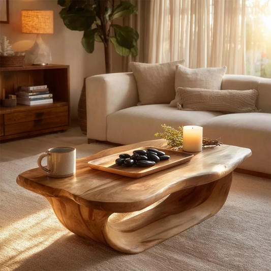 Organic Solid Wood Coffee Table With Live Edge Top And Sculptural Hollow Base For Cozy Living Room - Echotimber