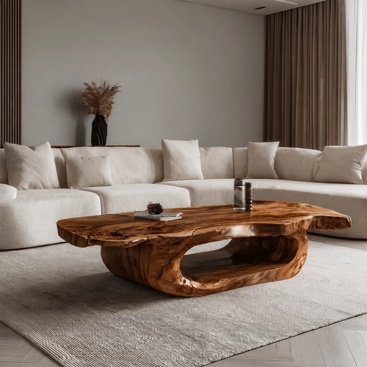 Organic Solid Wood Coffee Table With Live Edge Top And Sculptural Hollow Base For Modern Living Room - Echotimber