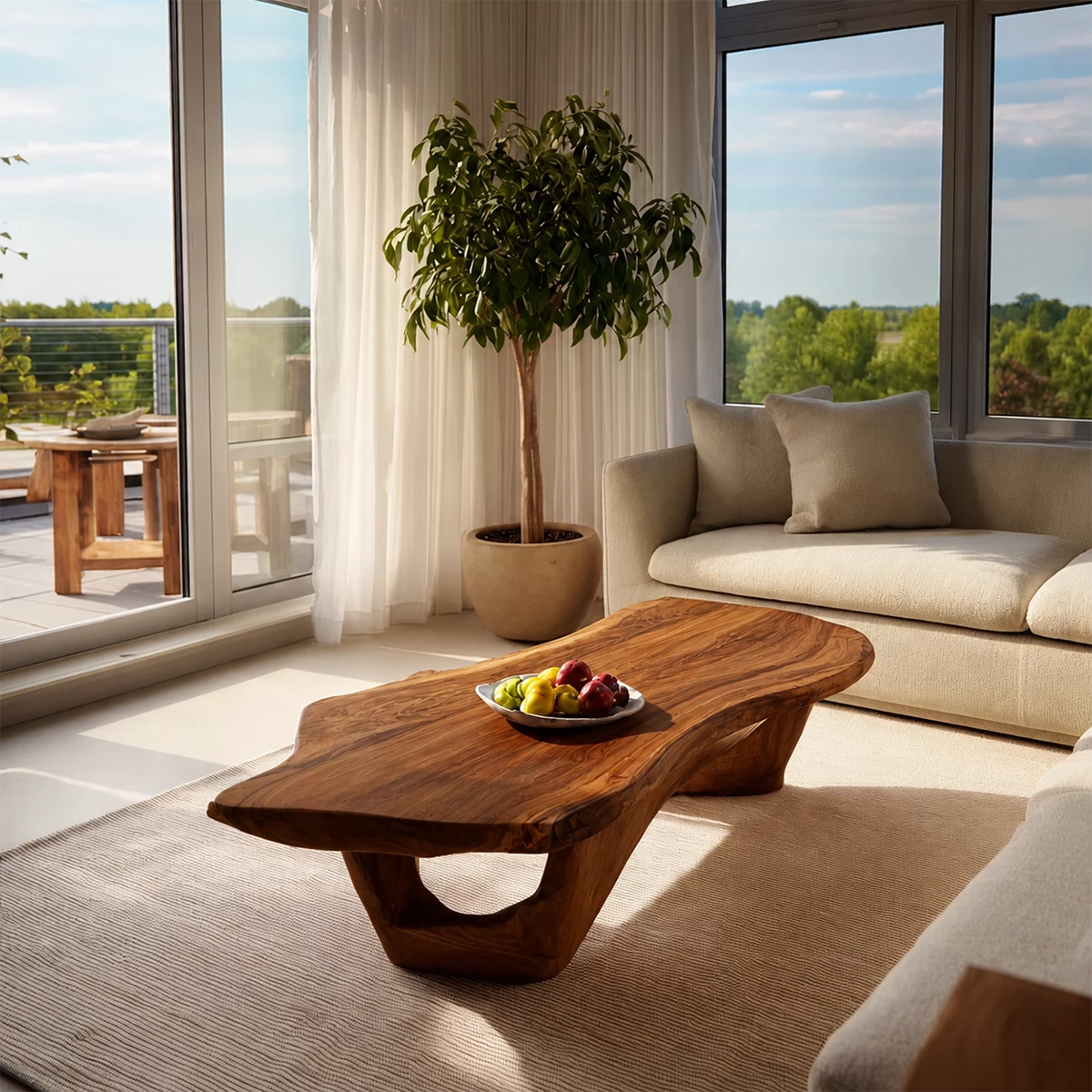 Organic Solid Wood Coffee Table With Live Edge Top And Sculptural Open Base For Modern Living Room - Livewoodcraft - 2