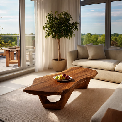 Organic Solid Wood Coffee Table With Live Edge Top And Sculptural Open Base For Modern Living Room - Livewoodcraft - 2