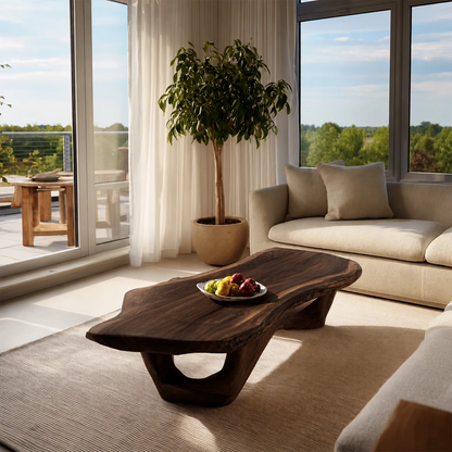 Organic Solid Wood Coffee Table With Live Edge Top And Sculptural Open Base For Modern Living Room - Livewoodcraft - 3