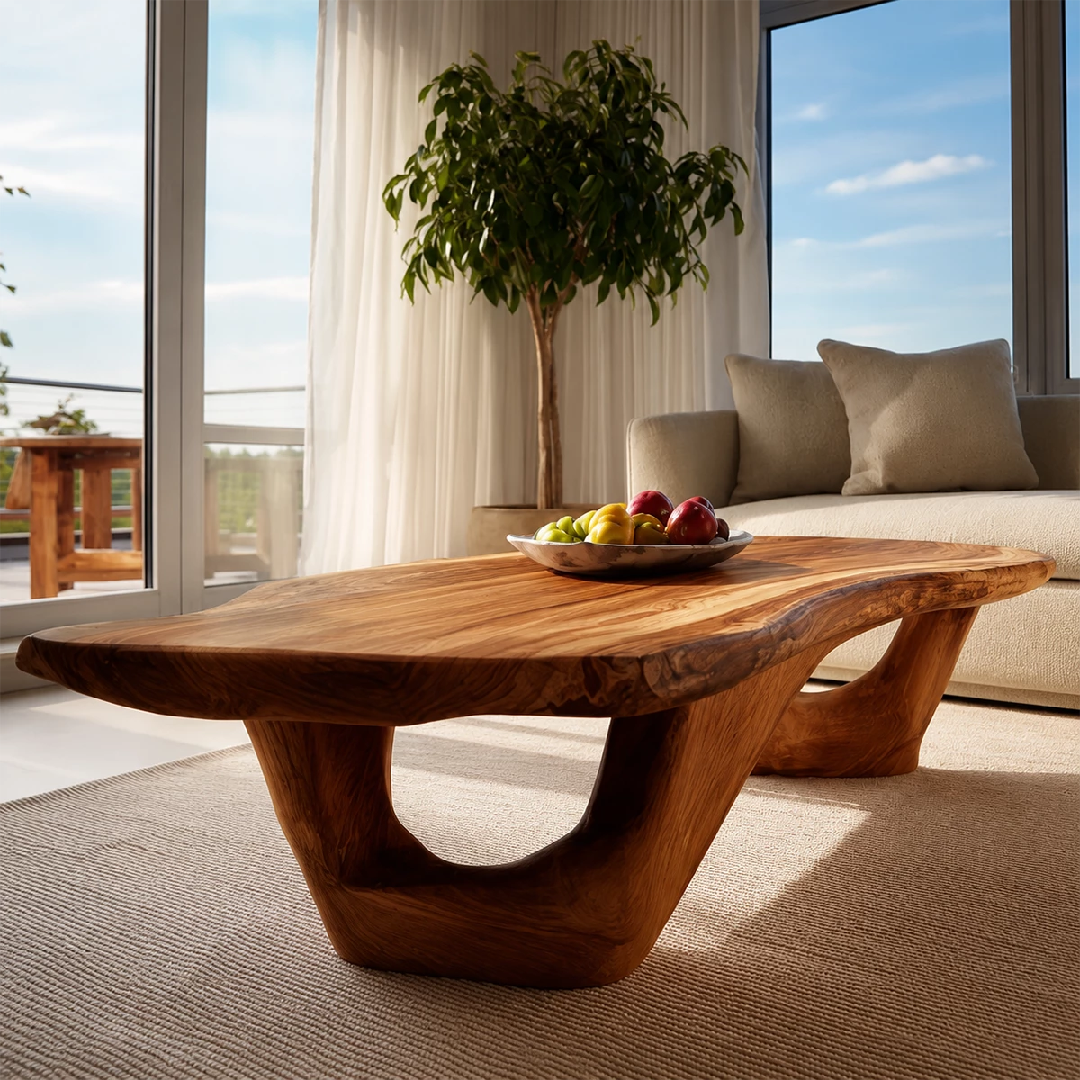 Organic Solid Wood Coffee Table With Live Edge Top And Sculptural Open Base For Modern Living Room - Livewoodcraft - 8