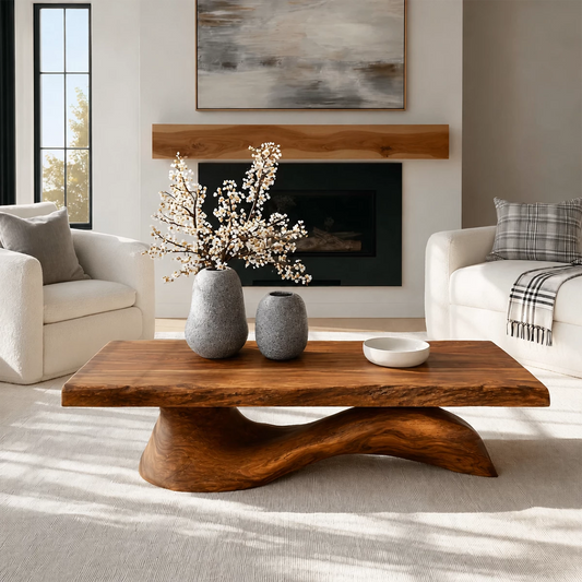 Organic Solid Wood Coffee Table With Live Edge Top And Sculptural Wave Base For Modern Living Room - Echotimber