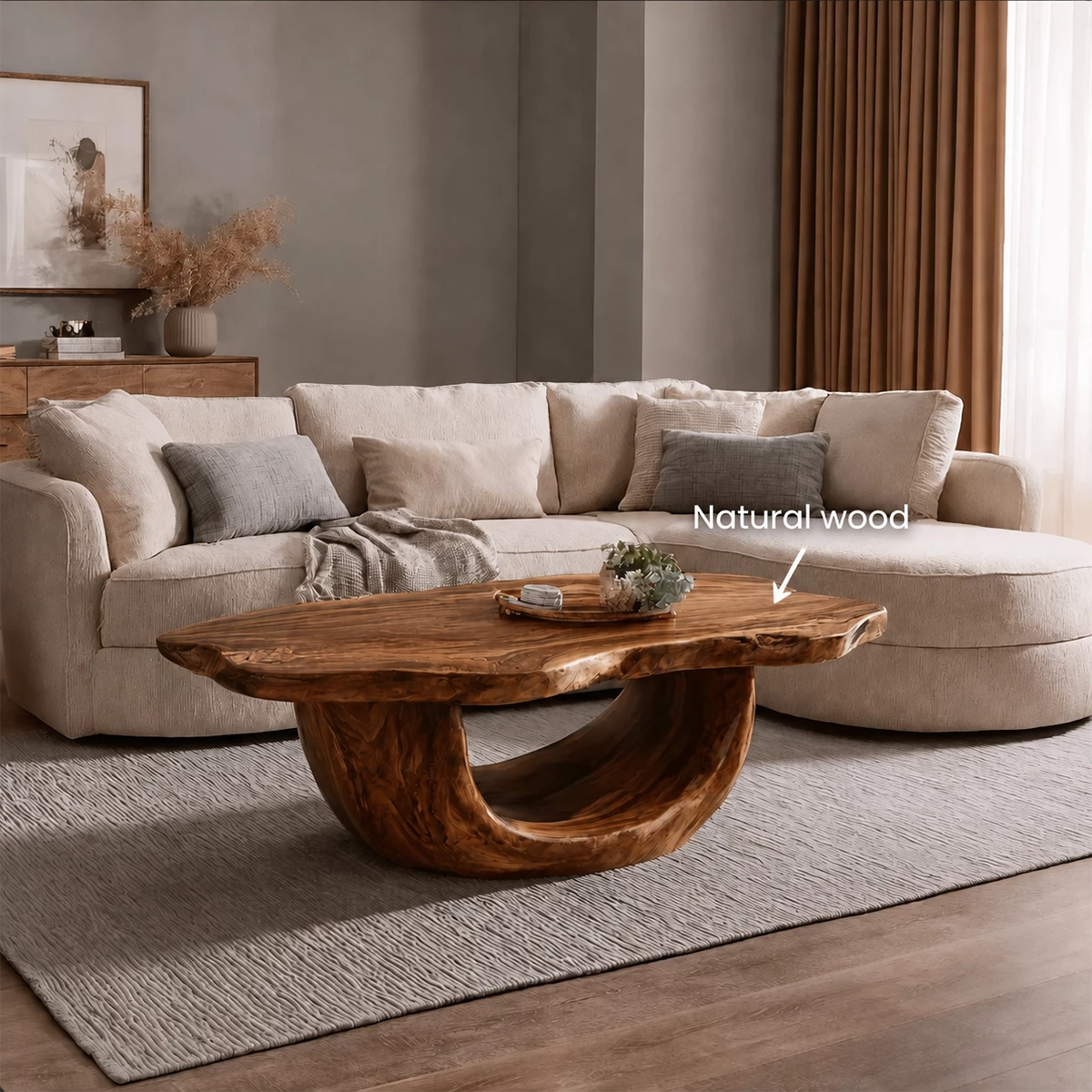 Organic Solid Wood Coffee Table With Sculptural Hollow Base And Live Edge Top For Modern Living Room - Livewoodcraft - 3312 - 11