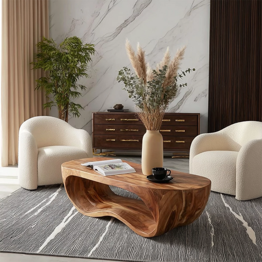 Organic Solid Wood Coffee Table With Sculptural Hollow Base And Rounded Natural Top For Modern Living Room - Echotimber