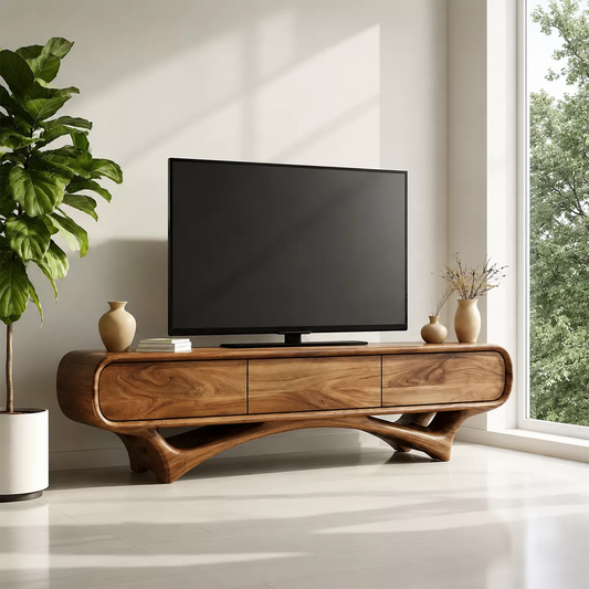 Organic Solid Wood TV Stand With Rounded Edges And Sculptural Curved Base - Echotimber