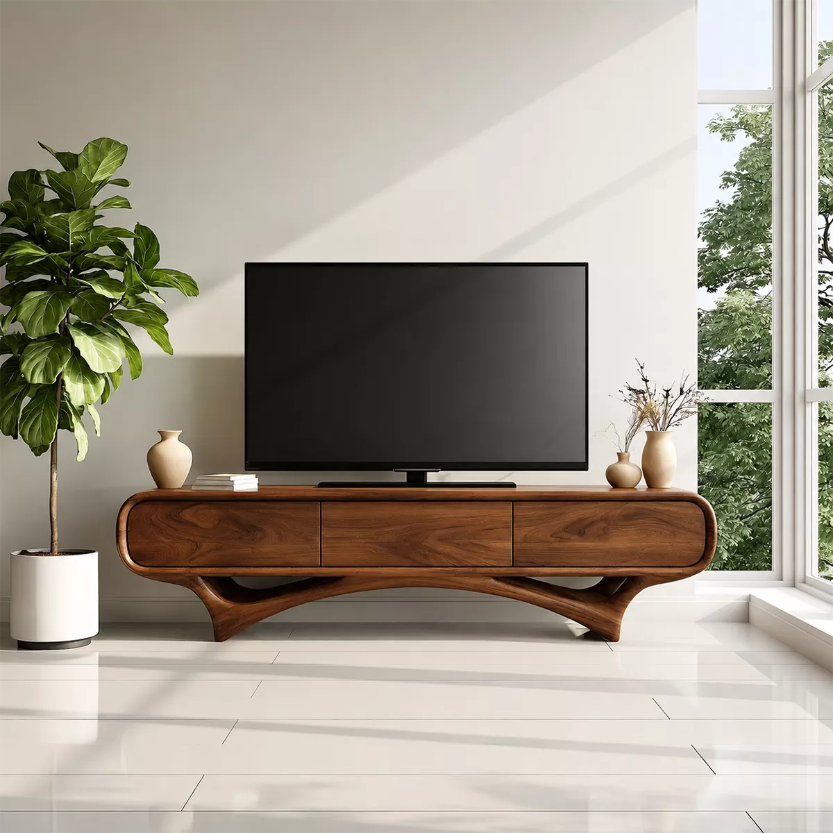 Organic Solid Wood TV Stand With Rounded Edges And Sculptural Curved Base - Livewoodcraft - 10